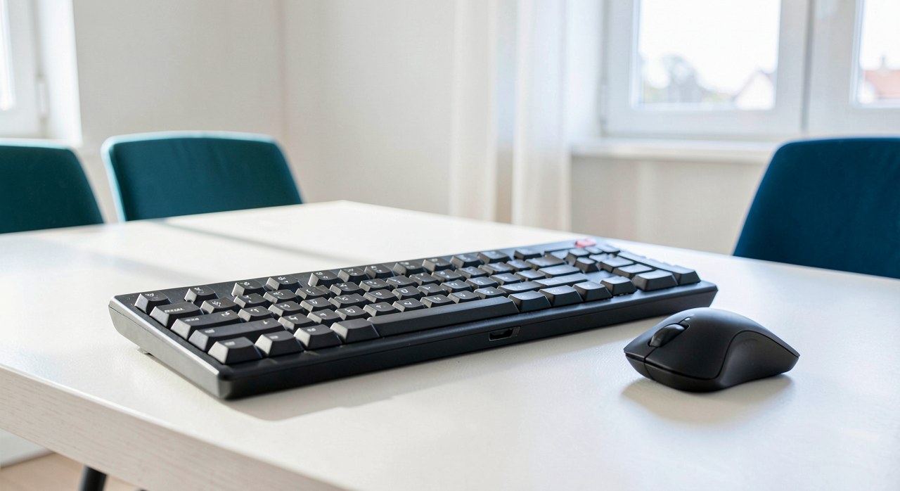 Tastatur und Maus am aufgeräumten Arbeitsplatz