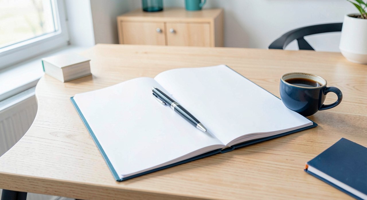Aufgeschlagenes Notizbuch mit Stift und eine Tasse Kaffee auf dem Tisch