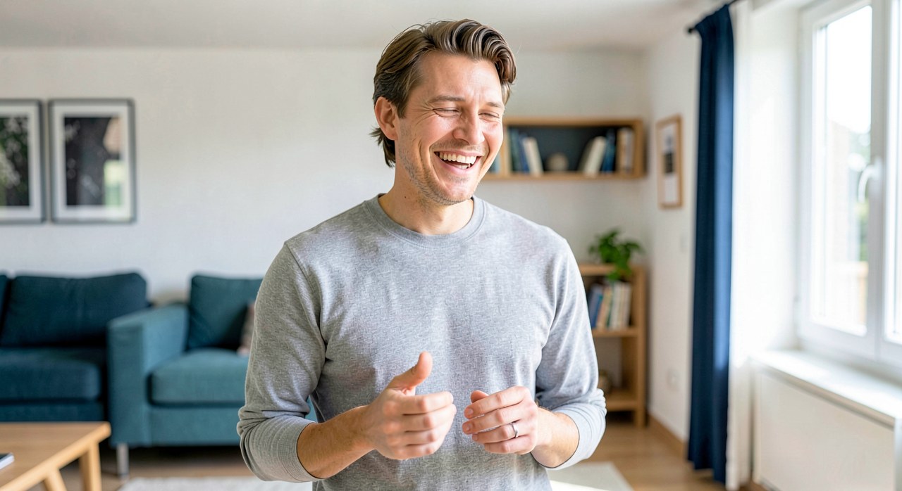 Zufriedener Kunde lacht in seinem Wohnzimmer