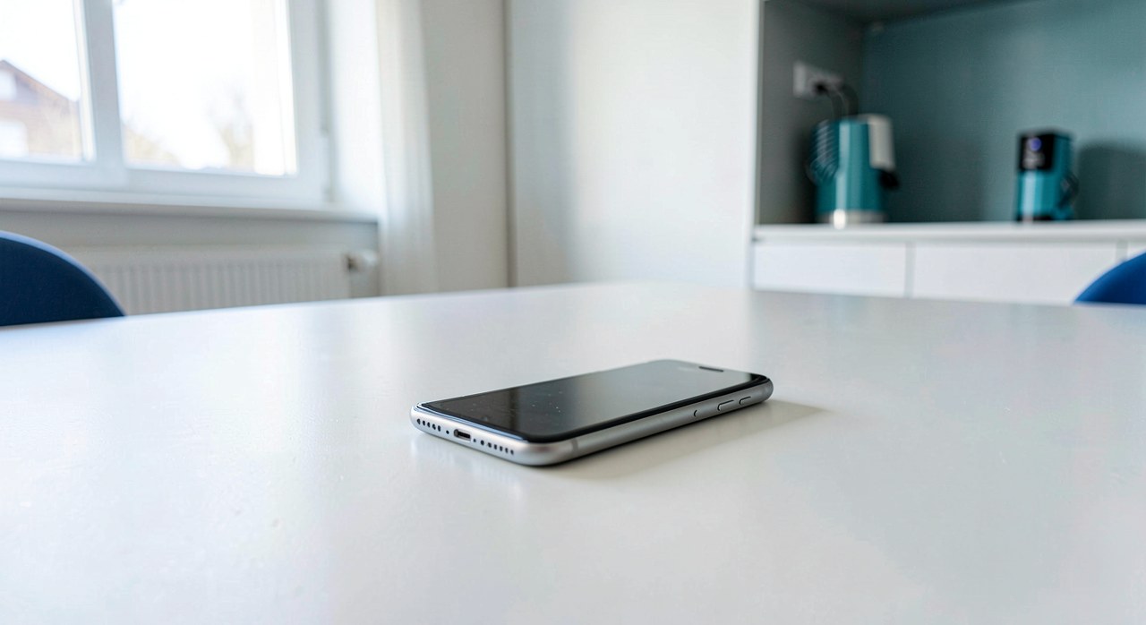 Smartphone liegt auf dem Tisch in einem hellen Raum